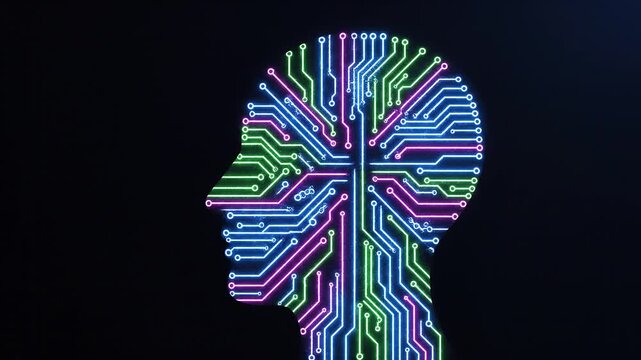 A 3d digital illustration of a human head silhouette with binary code representing the concept of technology and intelligence in the human mind