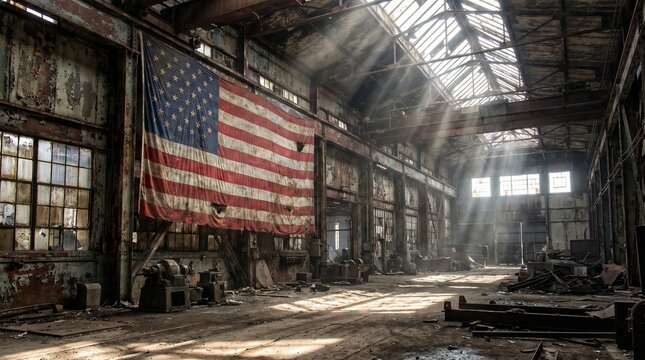 Old American flag hanging in a derelict factory, illuminated by sun rays. Gritty industrial interior suggests decline and resilience.