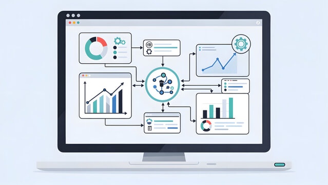 modern computer screen displaying colorful business charts graphs and digital workflow diagrams