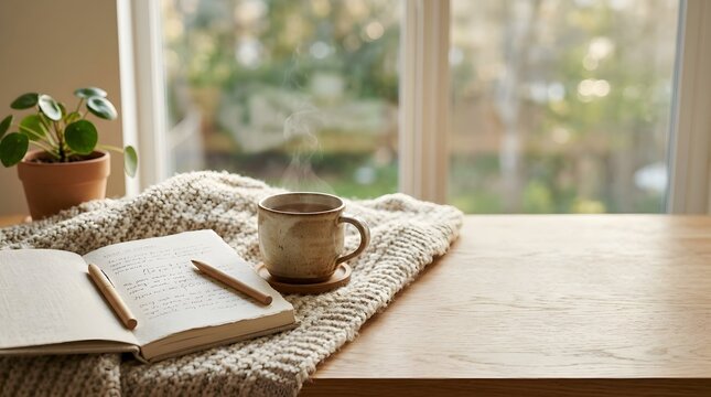 Cozy morning scene with notebook, pencil, and coffee cup on a wooden table by a window.