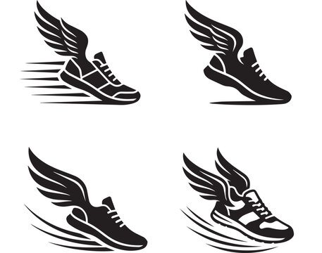 Running shoes with wings display a sense of speed and dynamic movement in this collection.