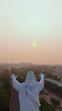 Vertical Aerial View of Morning Star Church and Jesus Statue in Velankanni Tamil Nadu