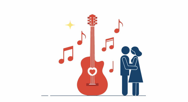 Couple dancing near a guitar with musical notes and a star