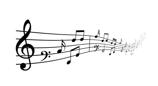 Abstract graphic illustration of a flowing musical staff with notes and clefs, symbolizing melody, harmony, and the universal language of sound