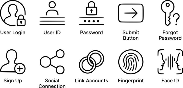 User Login and Mobile Security Authentication Icon Set featuring Password Sign Up Fingerprint and Face ID Verification Concepts