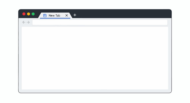 A blank browser window displays a new tab with navigation controls and options