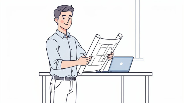 young man reviewing blueprint in casual outfit near laptop on standing desk
