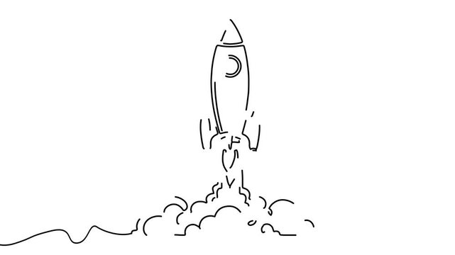Animation of line drawing of rocket launching, symbolizing ambition and innovation.