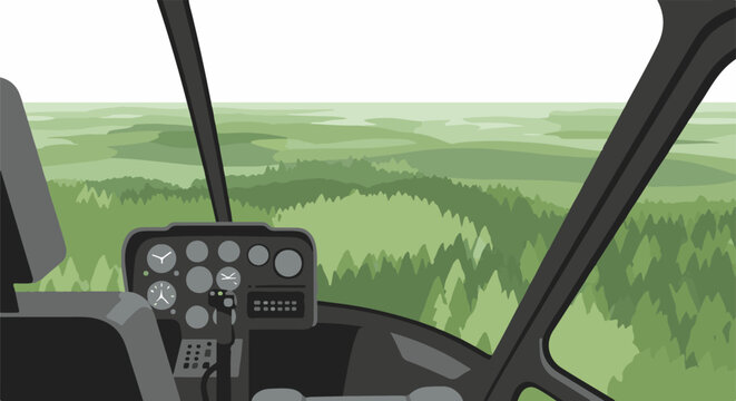 Interior view from a helicopter cockpit flying over lush green forests