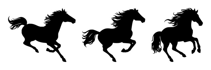 Horse set with solid black silhouette of a galloping horse with flowing mane featuring Lunar New Year, 2026, clean sharp edges with white background and isolated © MdBiplob