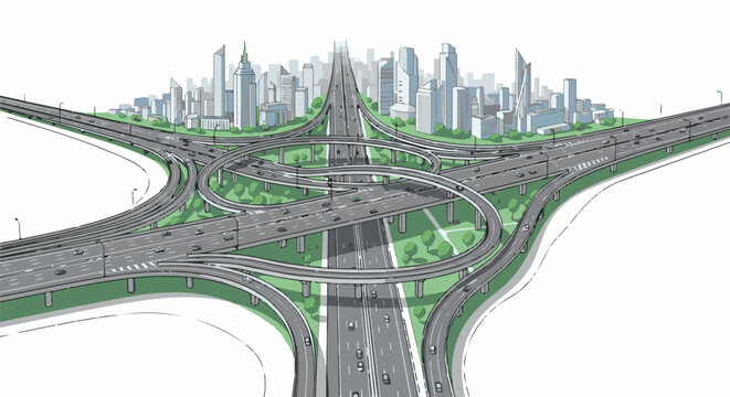 Complex highway interchange with city skyline and traffic