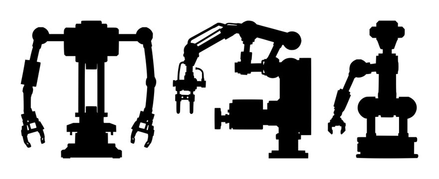 Industrial Cobot set with solid black silhouette of a modern collaborative robot in manufacturing, featuring clean lines, geometric edges, minimal design with black silhouette and white background