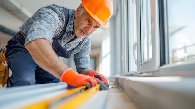 Skilled craftsman ensures perfect window installation at construction site.