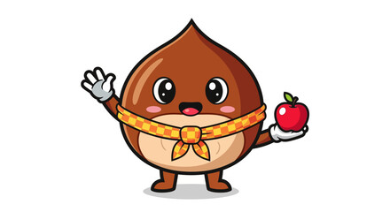 Cartoon acorn character holding apple. © Lahir