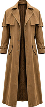 Classic brown canvas duster coat with shoulder cape isolated on transparent background