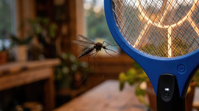 Closeup Mosquito Hovering Near Electric Bug Zapper Racket Indoors