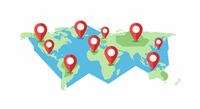 Stylized world map with multiple red location pins scattered across continents
