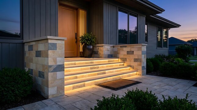 Modern home entrance with illuminated stone steps and landscaping at dusk