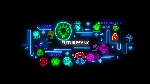 Future sync neon digital infographic concept: technology and innovation motion