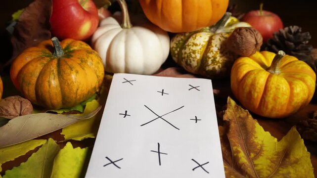 Marketstyle pumpkin cluster with label card, apples, pinecones and leaves arranged like vendor stall display textured crate feel, warm tones, suited for local produce, festival and farmstand visuals