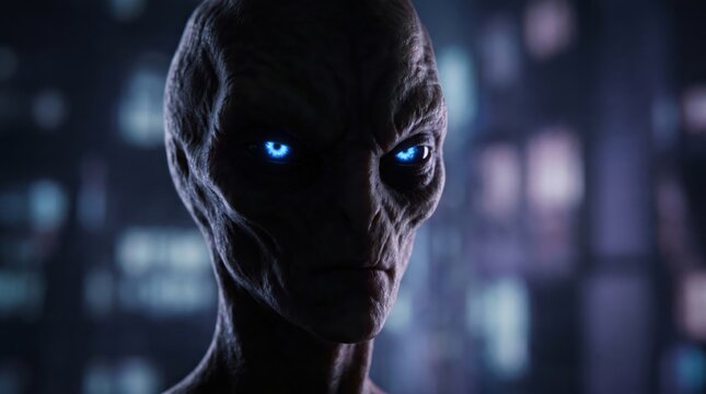 Mysterious Alien Creature with Glowing Blue Eyes in a Dark Setting.