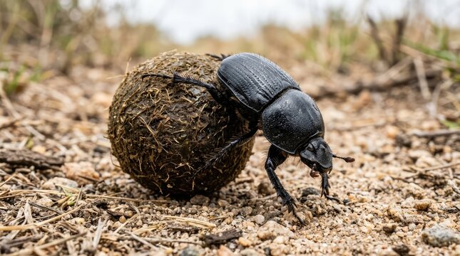 Black Dung Beetle Rolling Dung Ball on Sandy Ground in Dry Natural Habitat