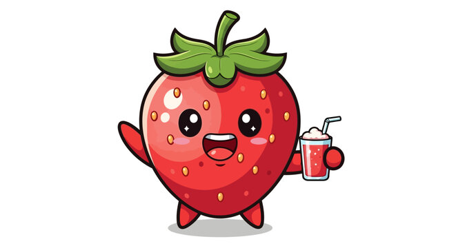 Cartoon strawberry character holding drink.