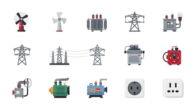 electric power icons set with transformers plugs windmill generators in simple style