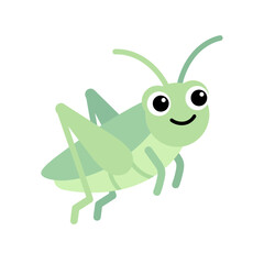 Fototapeta premium Cute green grasshopper insect character crawling with happy smiling eyes
