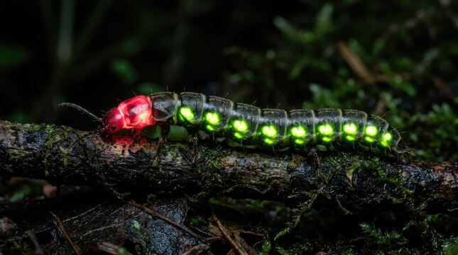 Bioluminescent Glow Worm Larva Crawling on Mossy Branch in Dark Forest