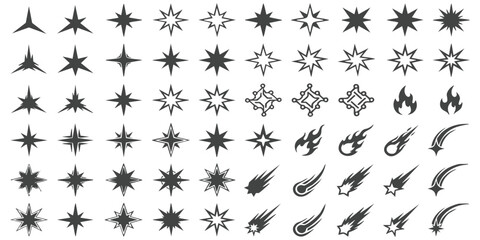 Set of black star shapes sparkles and shooting stars icons for graphic design projects © GraphixEra