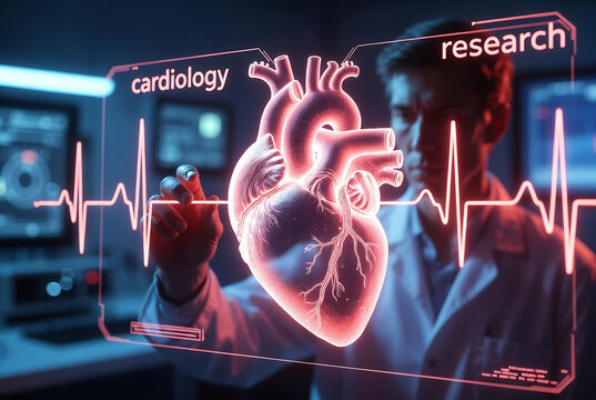 Cardiology research is displayed on a screen with an anatomical heart model and electrocardiogram readings, suggesting medical professionals are analyzing cardiac data.