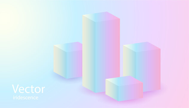 Abstract background with rainbow iridescence colors, 3D shapes on holographic background.
