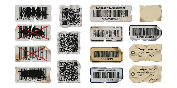 Collection of various product labels with barcodes qr codes serial numbers and shipping tags for logistics tracking