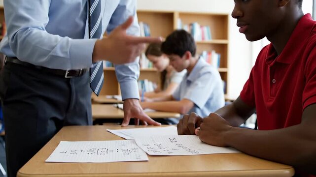 Teacher gestures towards math problems while helping students understand concepts. Classroom setting with desks and students focused on learning. Concept of education, tutoring, academic support