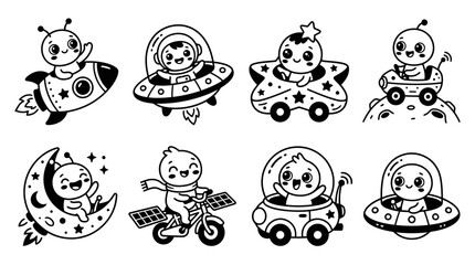 Cute cartoon aliens exploring space in rockets and UFOs © Labib