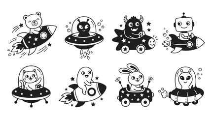 Cute cartoon space characters in rockets and UFOs, black and white doodles © Labib