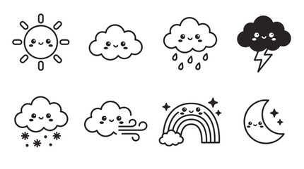 Fototapeta premium Cute Kawaii Weather Icons: Sun, Clouds, Rain, Snow, Wind, Storm, Rainbow, Moon