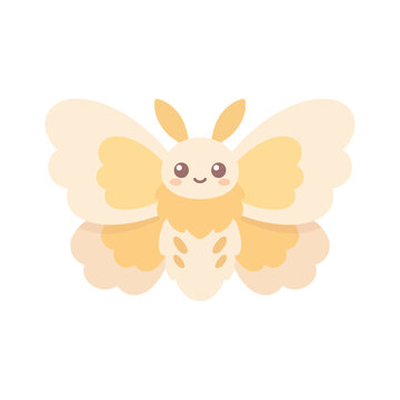 Cute kawaii fluffy silk moth character with wide open yellow patterned wings