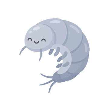Cute kawaii curled blue isopod pill bug character with tiny legs