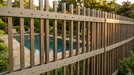 Fototapeta premium Modern wooden fence protecting a backyard swimming pool. Outdoor home architecture and privacy barrier for garden landscaping. Secure residential property boundary with decorative design.