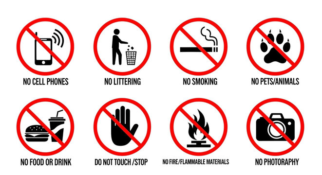 Set of eight prohibition signs with explanations, including no cell phones, littering, smoking, pets, food, stopping, flammable materials, and photography