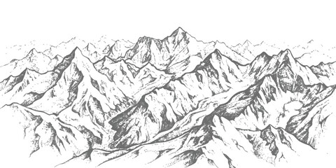 Hand drawn ink sketch of a large mountain range with jagged peaks and detailed rocky textures for nature design © GraphixEra