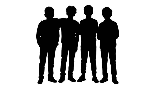 Silhouette of four men standing together isolated on transparent background, Vector