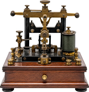Antique brass telegraph machine isolated on transparent background