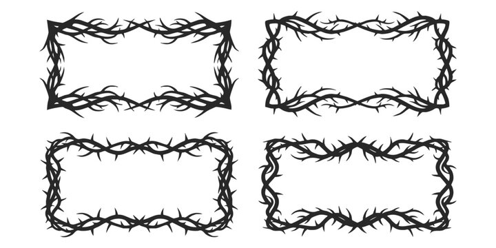 Set of four rectangular frames made of black thorny branches and sharp spikes for dark gothic style graphic designs