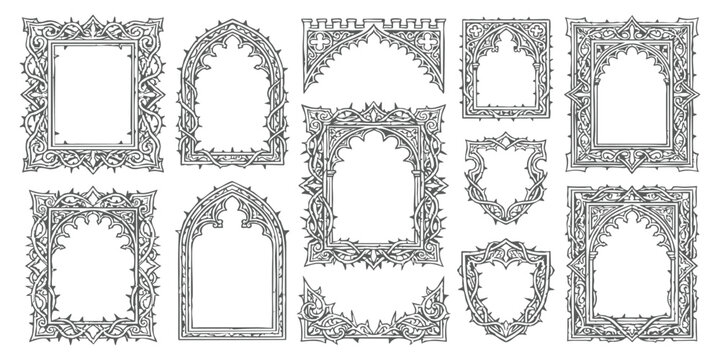 Set of vintage gothic frames and ornate decorative borders with intricate medieval patterns for invitations or cards