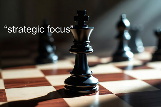 Subject: A chess piece (black king) and other chess pieces. Action: Strategic focus, suggesting careful planning or decision-making. Setting: A chessboard on a table.