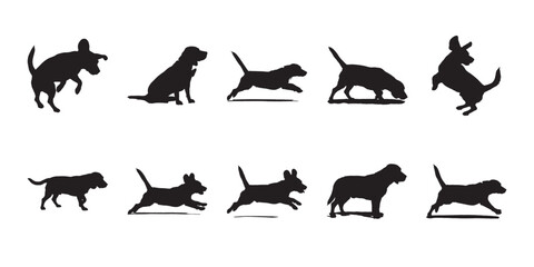 Fototapeta premium Playful beagle silhouettes collection. Variety of puppy silhouettes showing playful body language. Versatile black icons for posters, stickers, and pet related web design.