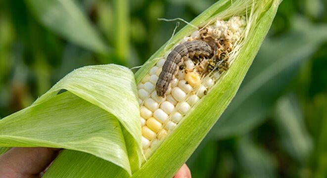 Corn Earworm Caterpillar Eating Fresh Corn Cob in Farmers Hand